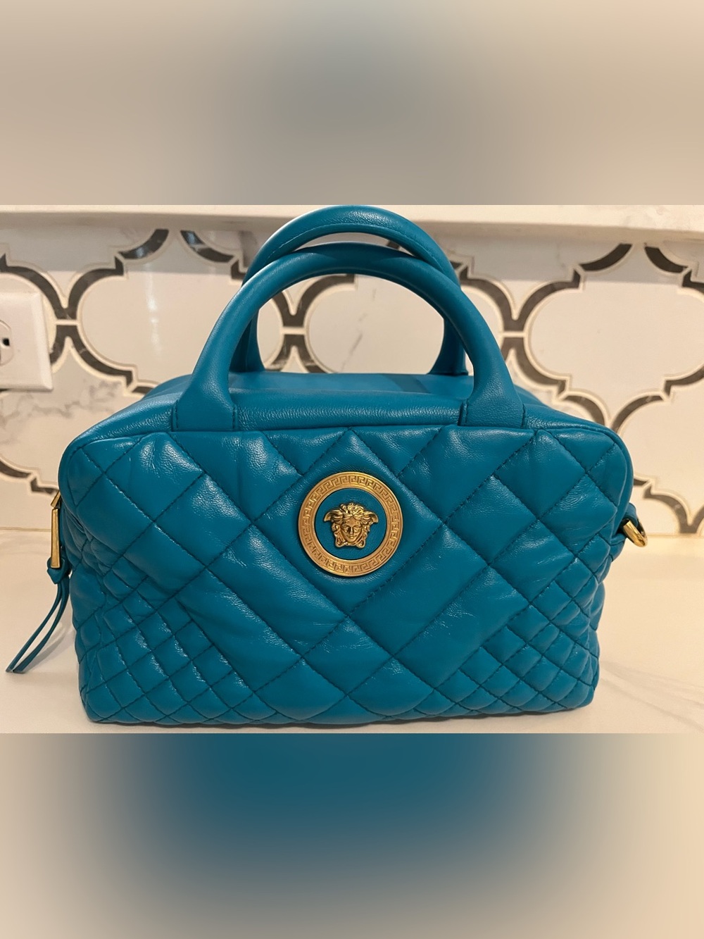Versace 100% AUTHENTIC teal quilted leather shoulder bag with gold Medusa